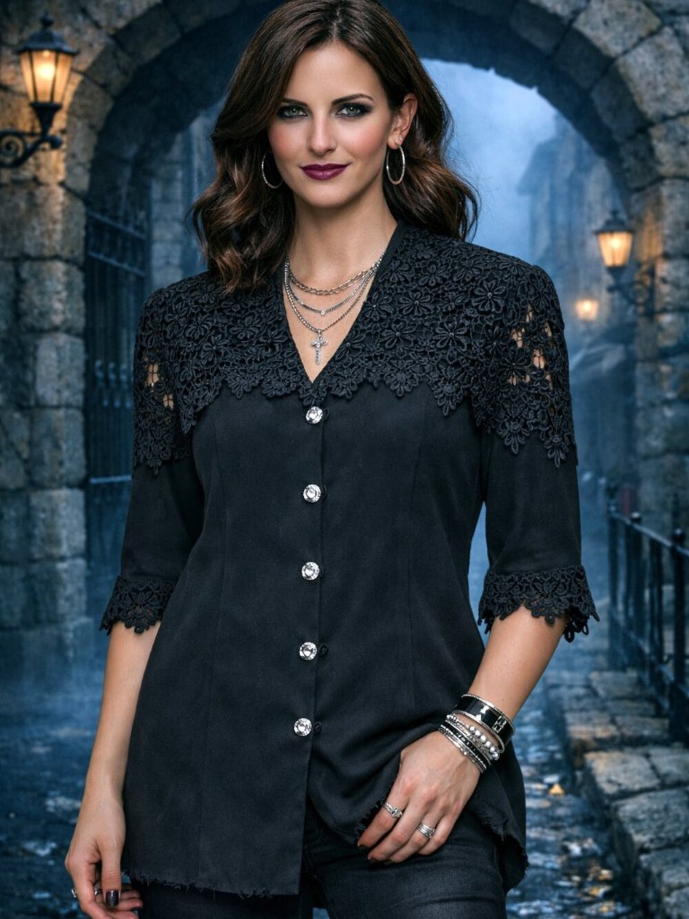 Crocheted Lace Collar Tunic Blazer VTG San Julian Crystal Buttons Goth Black M